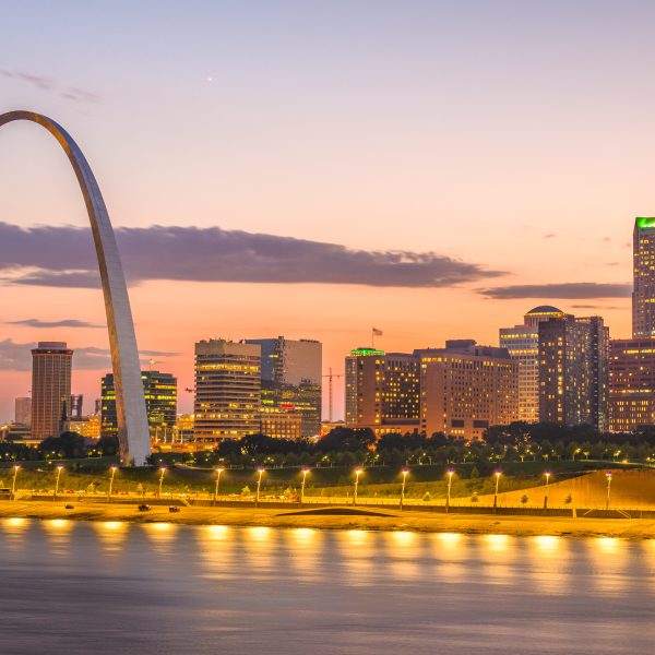 St. Louis, Missouri, USA downtown cityscape on the Mississippi River at twilight.